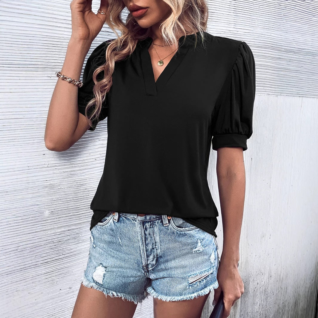 Damen elegantes Blusenshirt mit Puffärmel und V-Ausschnitt