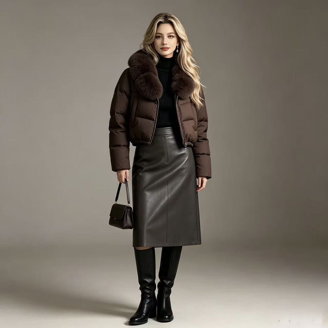 Damen nan kurze taillierte Pufferjacke mit voluminösem Kapuzenkragen und abnehmbarem Fellbesatz Shop Nory