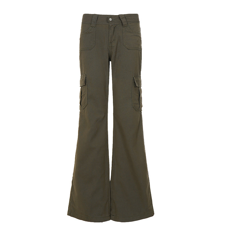 Damen nan Cargo-Flared-Hose mit hochgeschnittener Taille, aufgesetzten Beintaschen und ausgestelltem Bein Shop Nory