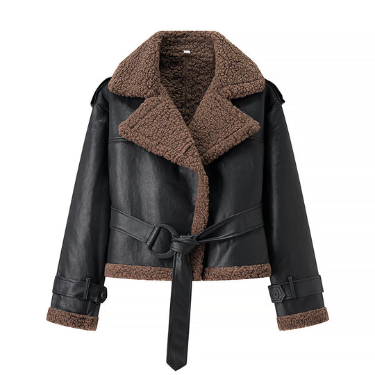 Damen Kurze Fliegerjacke aus Kunstleder mit Teddyfell-Kragen und Taillengürtel Shop Nory