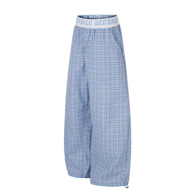 Damen Weite Karierte Lounge-Hose mit elastischem Logobund und Kordelzugsaum Shop Nory