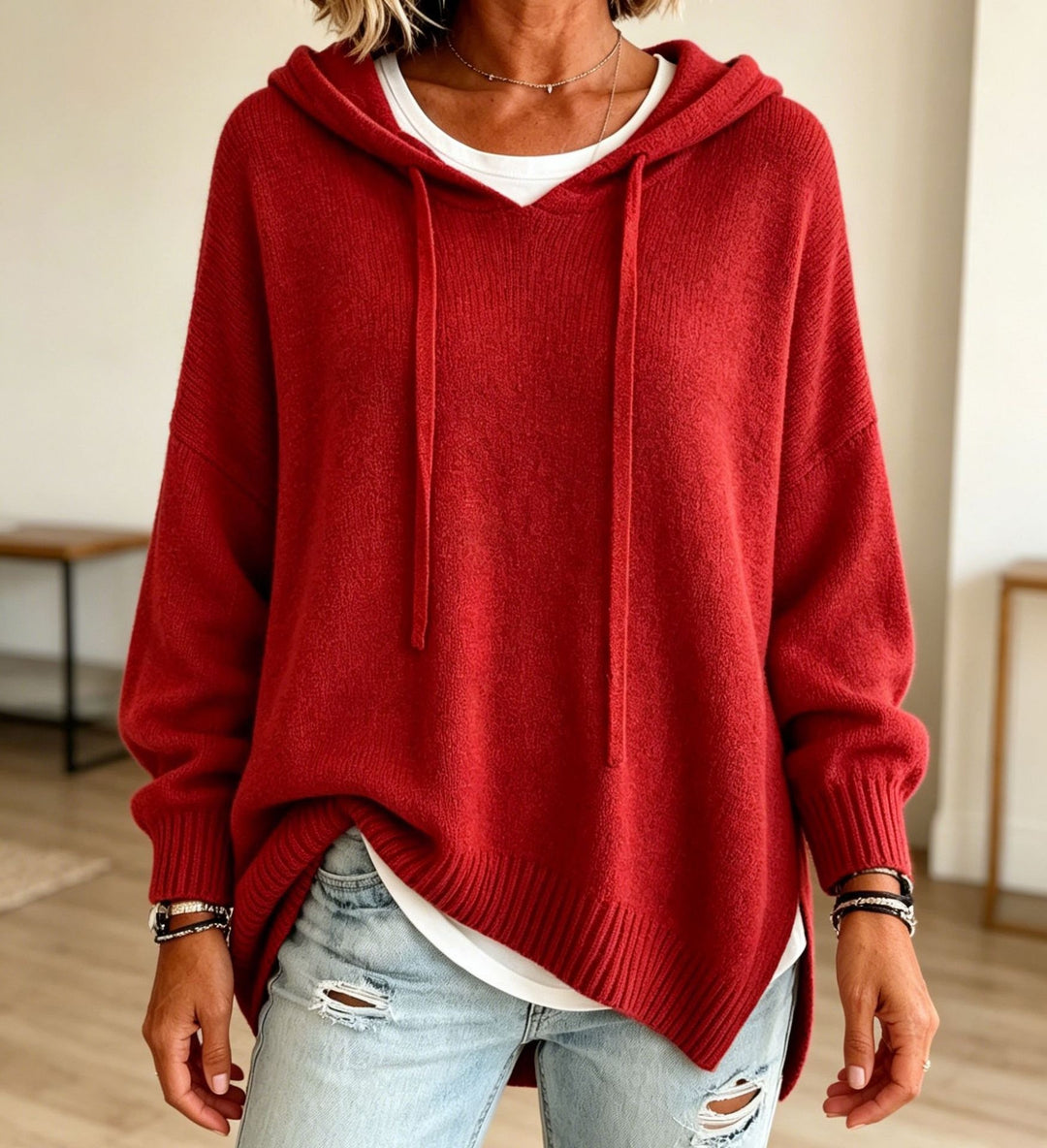 Damen Oversize-Kapuzensweater aus feinem Strick mit gerippten Bündchen Shop Nory