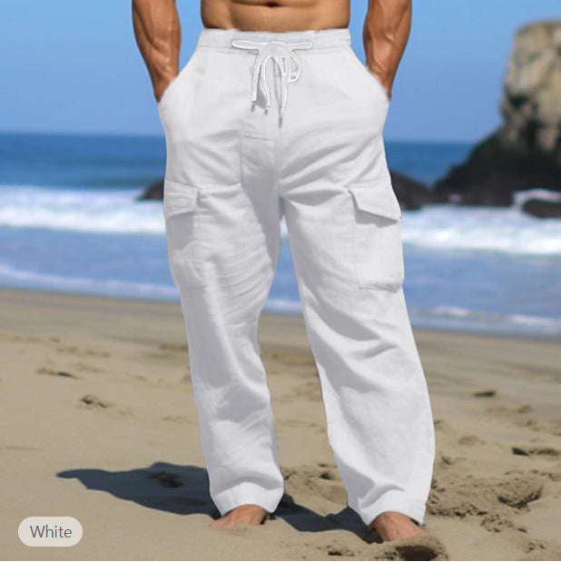 Herren weite Freizeit-Cargohose aus Leinenmix mit Tunnelzugbund, aufgesetzten Klappentaschen und entspanntem Strandfit Shop Nory