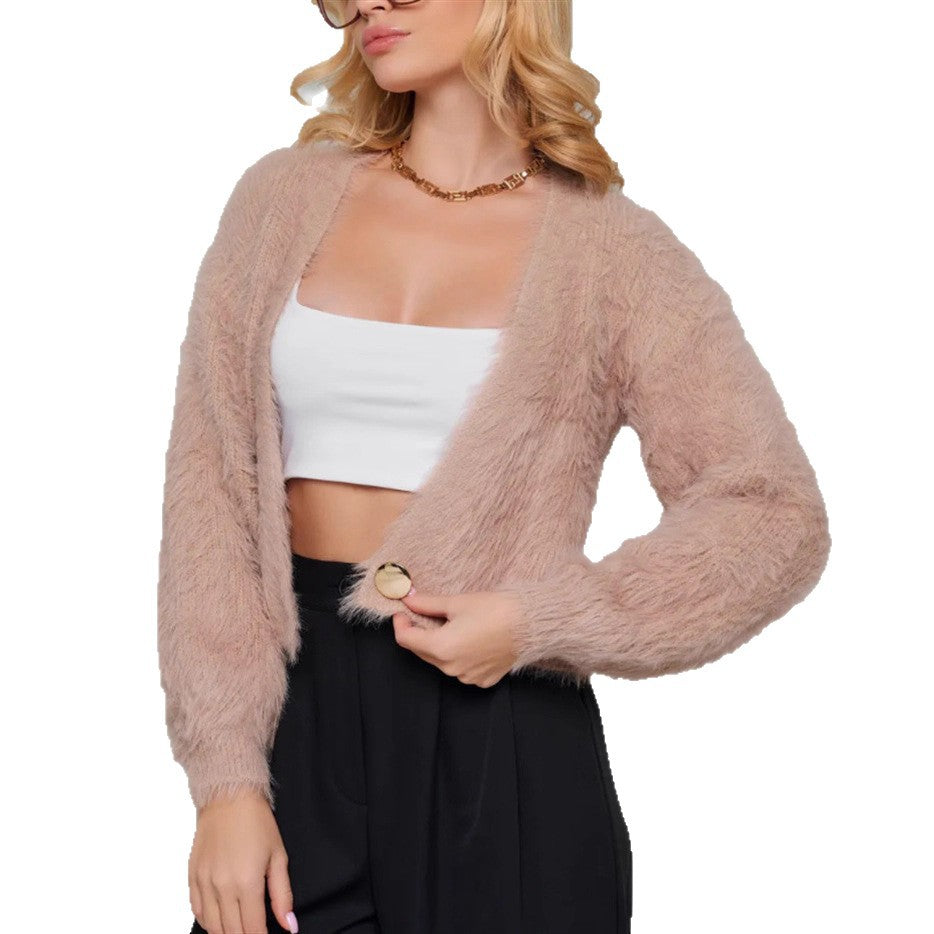 Damen Kurze flauschige Kunstfell-Cardigan mit offenem Schnitt und Raglanärmeln Shop Nory