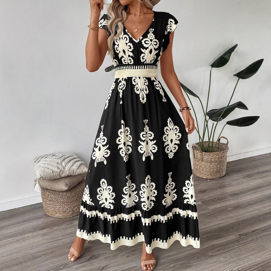 Damen Boho-Langkleid mit V‑Ausschnitt, tailliertem Stretch-Bund und kontrastierendem Ornamentdruck Shop Nory