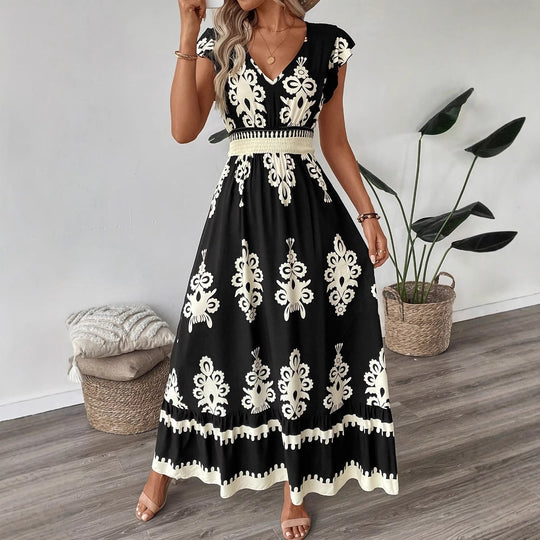 Damen Boho-Langkleid mit V‑Ausschnitt, tailliertem Stretch-Bund und kontrastierendem Ornamentdruck Shop Nory