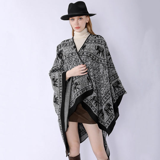 Damen Capeponcho im Wickelstil mit ornamentaler Jacquardstruktur und offenem Kimono-Fall Shop Nory