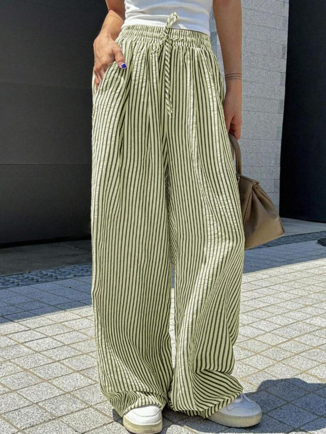 Damen Marlene-Streifenhose aus Leinenmix mit weitem Bein, Elastikbund und Kordelzug Shop Nory
