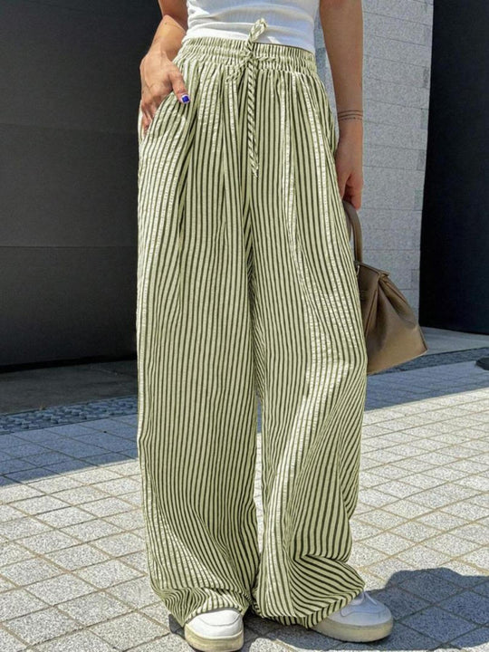 Damen Marlene-Streifenhose aus Leinenmix mit weitem Bein, Elastikbund und Kordelzug Shop Nory