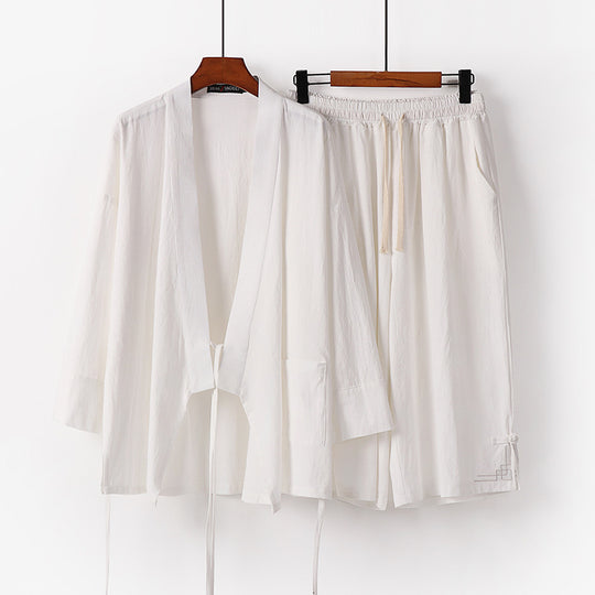 Damen Zen-Kimono-Lounge-Set aus atmungsaktivem Baumwollmix mit Bindebandjacke und weiten Culotte-Hose Shop Nory