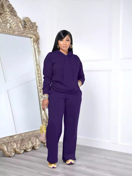 Damen nan Relax-Loungewear-Set mit weitem Highwaist-Palazzo-Jogger, Kapuzenpullover mit Kängurutasche und seitlichem Saumschlitz Shop Nory