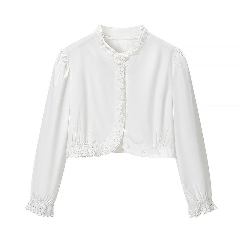 Damen Gekürzte Spitzenbolero‑Bluse mit Stehkragen und Lochstickerei Shop Nory