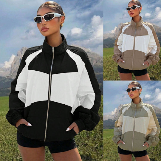 Damen Leichte Windbreaker-Jacke mit Stehkragen, Farbblock-Design und elastischen Bündchen Shop Nory
