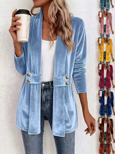 Damen Samt-Longblazer mit Schalkragen und dekorativen Knopfriemen Shop Nory