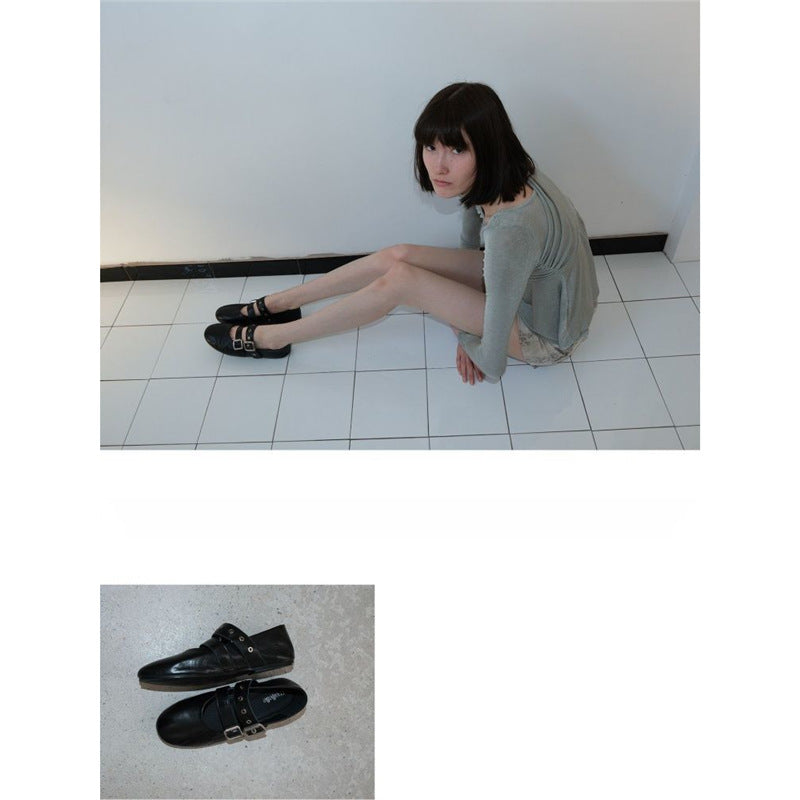 Damen Flache Mary‑Jane Slipper mit Doppelriemen, Metallösen und Dornschließen Shop Nory