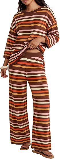 Damen Gestreiftes Lounge-Set aus leichtem Strick mit weitem Bein und 3/4-Ärmeln Shop Nory