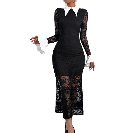 Damen Figurbetontes Midi-Spitzekleid mit kontrastierendem Hemdkragen Shop Nory