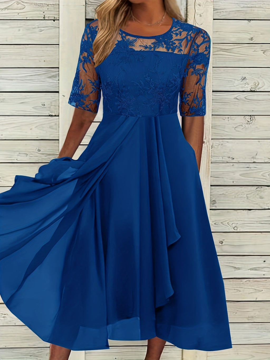 Damen Elegantes Midikleid mit Spitzenärmeln und schwingendem Rock