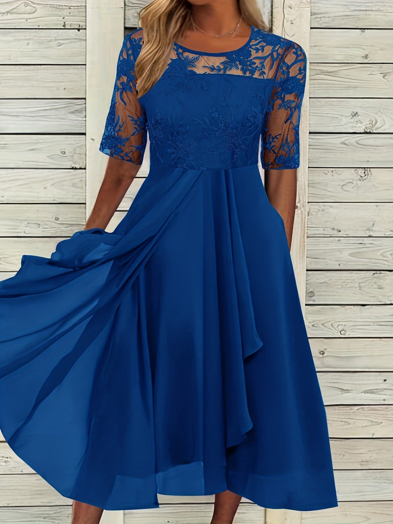 Damen Elegantes Midikleid mit Spitzenärmeln und schwingendem Rock