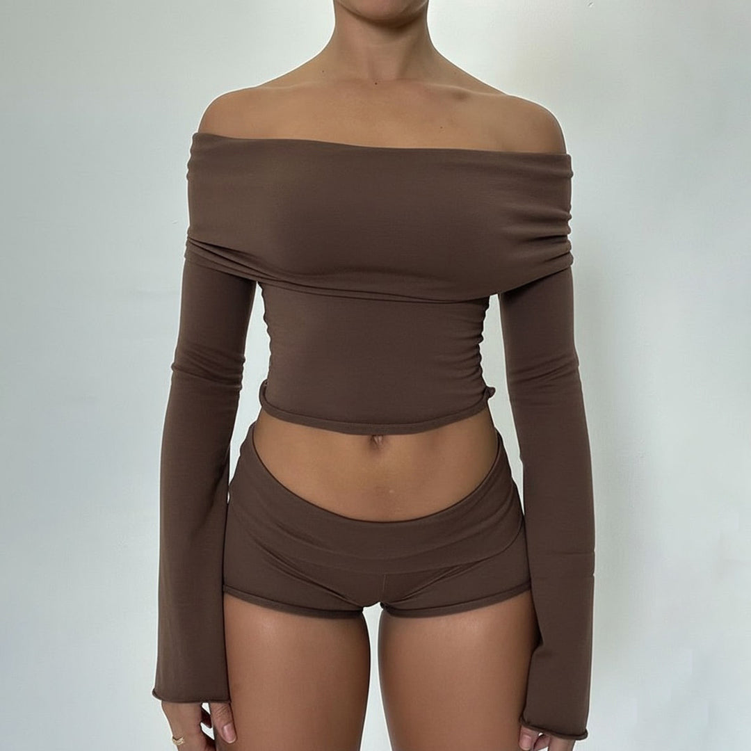 Damen nan Off-Shoulder Lounge-Set mit Langarm-Croptop und Highwaist-Shorts aus Stretchjersey Shop Nory