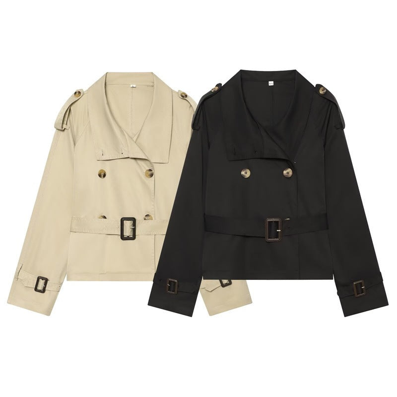 Damen Kurzer Boxy-Trench mit Doppelreiher, Taillengürtel und Schulterklappen Shop Nory