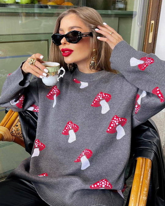 Damen weiter Strickpullover mit Pilzmotiv Rundhals Rippbündchen Shop Nory
