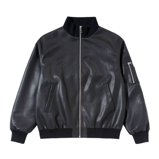Herren Kunstleder-Bomberjacke im Boxy-Cut mit hohem Rippenkragen und Ärmel-Utilitytasche Shop Nory