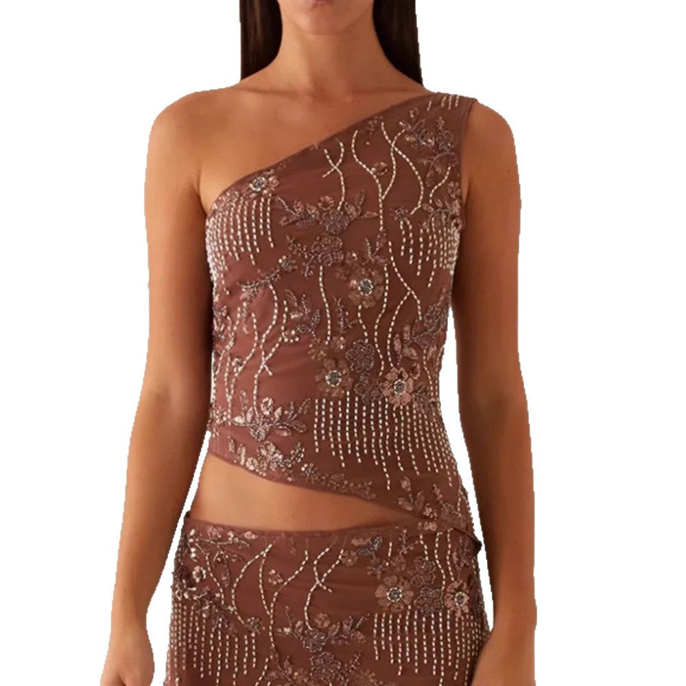Damen asymmetrisches Oberteil mit floralem Strassdesign