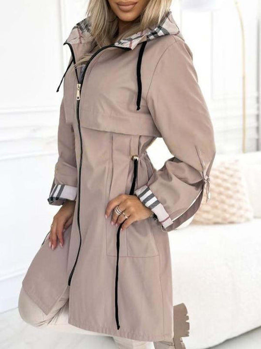 Damen nan taillierter Regenparka mit Kapuze kariert gefütterter Innenkragen und Tunnelzug Shop Nory