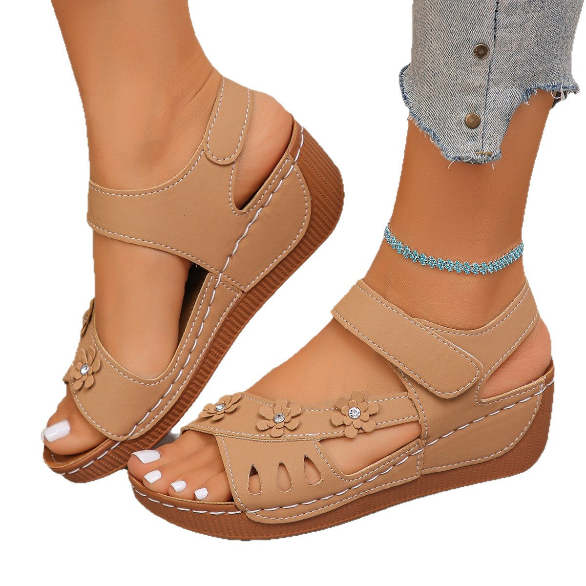 Damen Bunte Sandalen mit floralem Design und verstellbaren Riemen