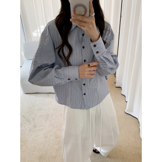 Damen Oversized Hemdbluse mit Streifenmuster und Ballonärmeln Shop Nory