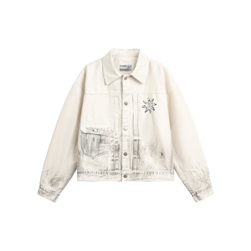 Unisex Boxy-Jeansjacke mit verwaschenem Paint‑Effekt und dezenter Stickerei Shop Nory