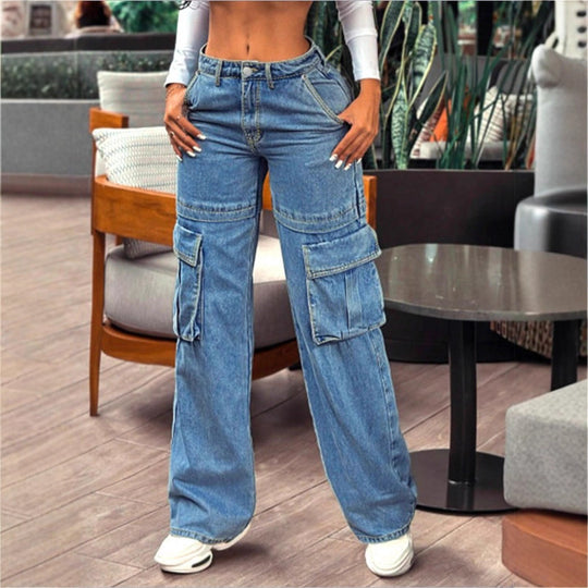 Damen lässige Cargo-Denim-Baggyhose mit extragroßen Klappentaschen und geradem Bein Shop Nory