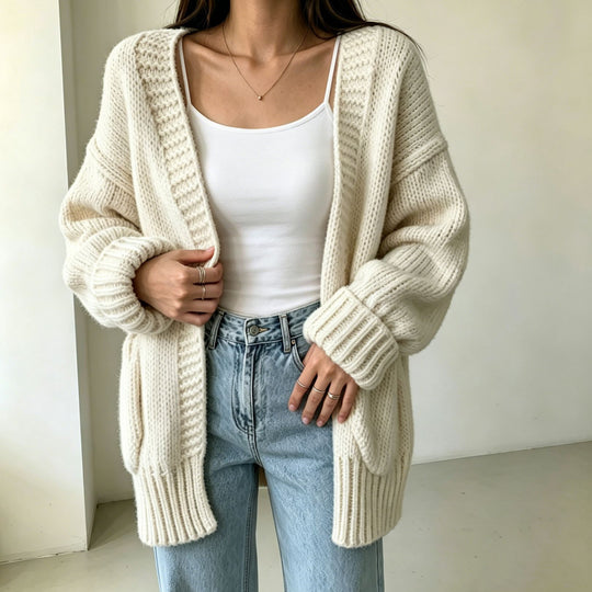 Damen Langer Offener Grobstrick-Cardigan mit aufgesetzten Taschen und gerippten Bündchen Shop Nory