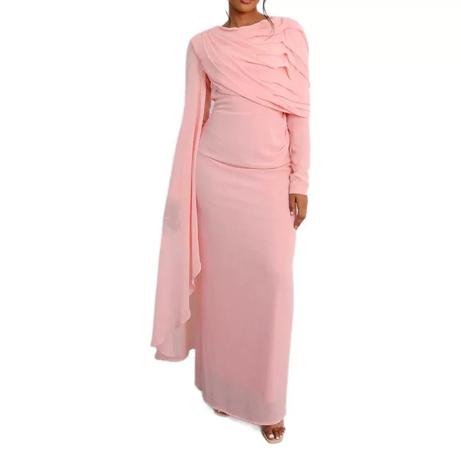 Damen Elegantes Maxi-Kleid mit drapierter Schultergestaltung und langem Arm Shopnory