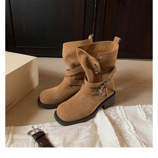 Damen Veloursleder-Bikerstiefel mit Schnallen und mittlerem Blockabsatz Shop Nory