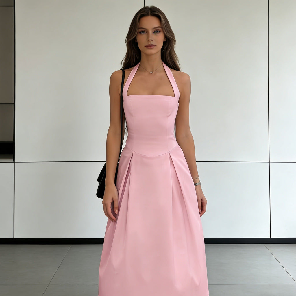 Damen Elegantes Midikleid mit tiefem V-Ausschnitt und stilvollem Faltenrock