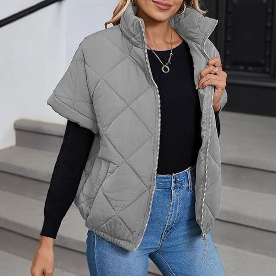 Damen Kurzärmelige gesteppte Weste mit Stehkragen, Reißverschluss und Eingrifftaschen Shop Nory