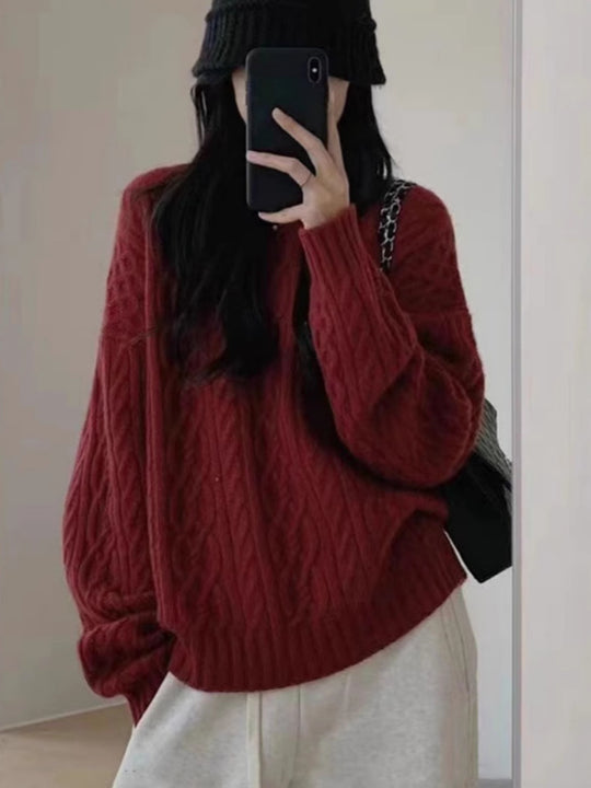 Damen Oversize Zopfmuster‑Pullover mit Rundhalsausschnitt und lässiger Schulterpartie Shop Nory