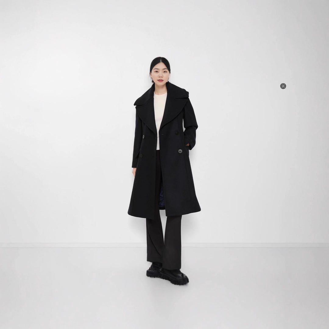 Damen Taillierter Doppelreiher-Wollmantel mit weitem Schalkragen und ausgestelltem Saum Shop Nory