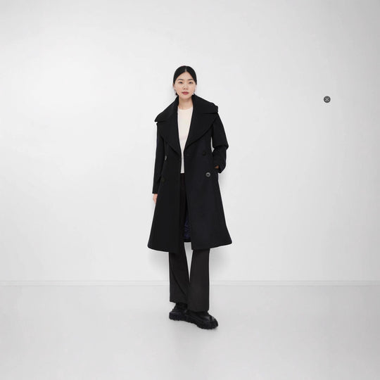 Damen Taillierter Doppelreiher-Wollmantel mit weitem Schalkragen und ausgestelltem Saum Shop Nory