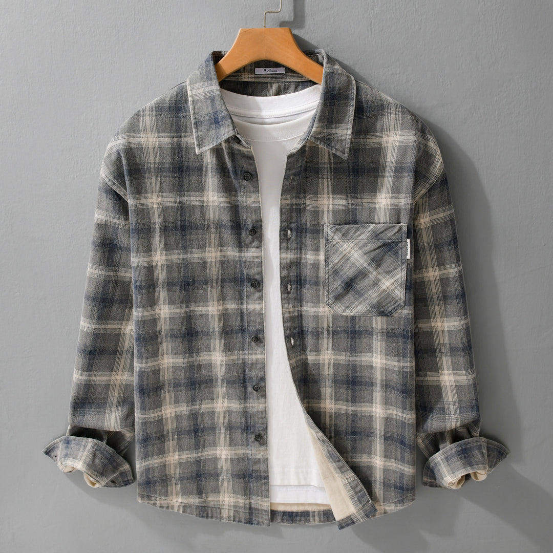 Herren Karo-Relaxed-Overshirt aus gebürstetem Baumwollmix mit Brusttasche und durchgehender Knopfleiste Shop Nory