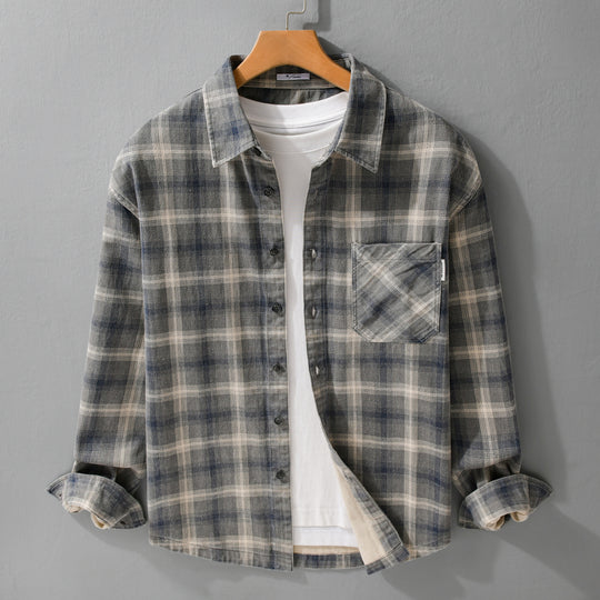 Herren Karo-Relaxed-Overshirt aus gebürstetem Baumwollmix mit Brusttasche und durchgehender Knopfleiste Shop Nory