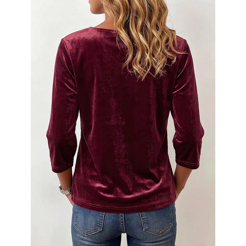 Damen Samtbluse mit eckigem Ausschnitt, Kordelzug und dreiviertel Ärmeln Shop Nory