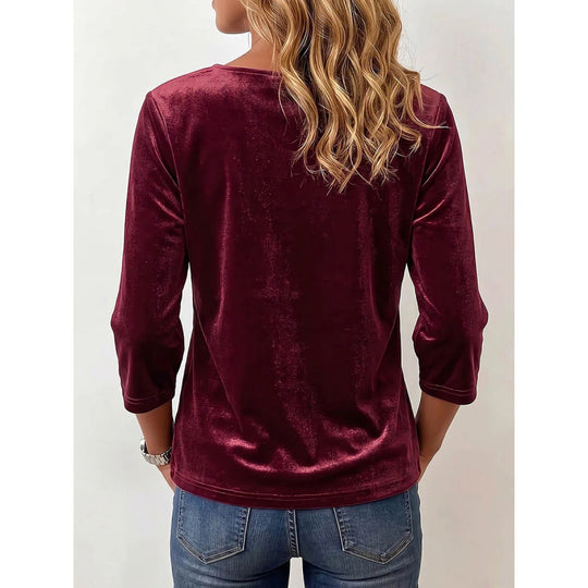 Damen Samtbluse mit eckigem Ausschnitt, Kordelzug und dreiviertel Ärmeln Shop Nory