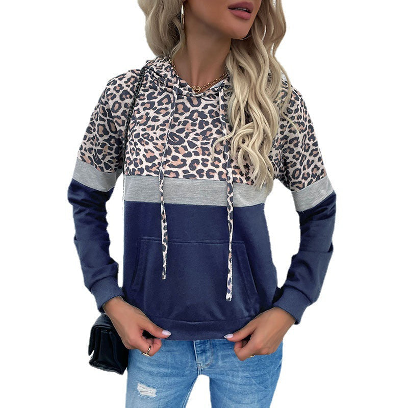 Damen Kapuzenpullover im Blockdesign mit Leopardenmuster, Kängurutasche und Tunnelzug Shop Nory