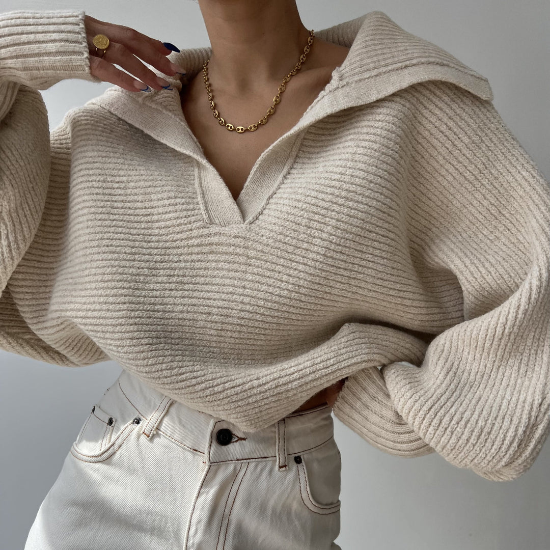 Damen kurzes geripptes Strickpullover mit weitem Matrosenkragen und Ballonärmeln Shop Nory