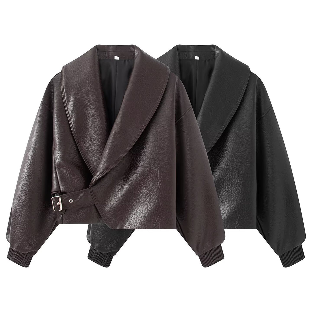 Damen Kurzgeschnittene Wickeljacke aus Lederoptik mit großem Schalkragen und Taillengürtel Shop Nory