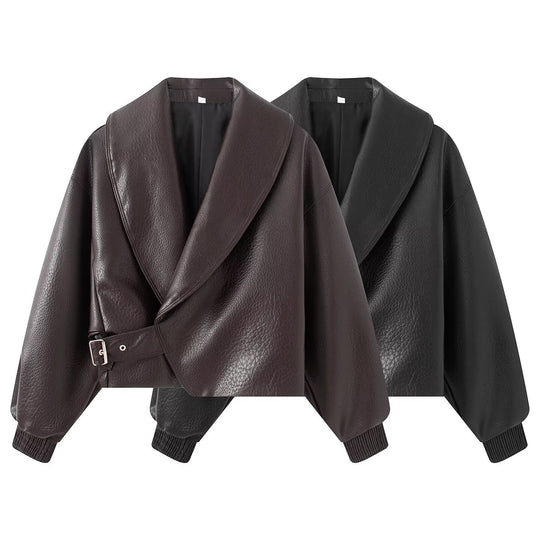 Damen Kurzgeschnittene Wickeljacke aus Lederoptik mit großem Schalkragen und Taillengürtel Shop Nory
