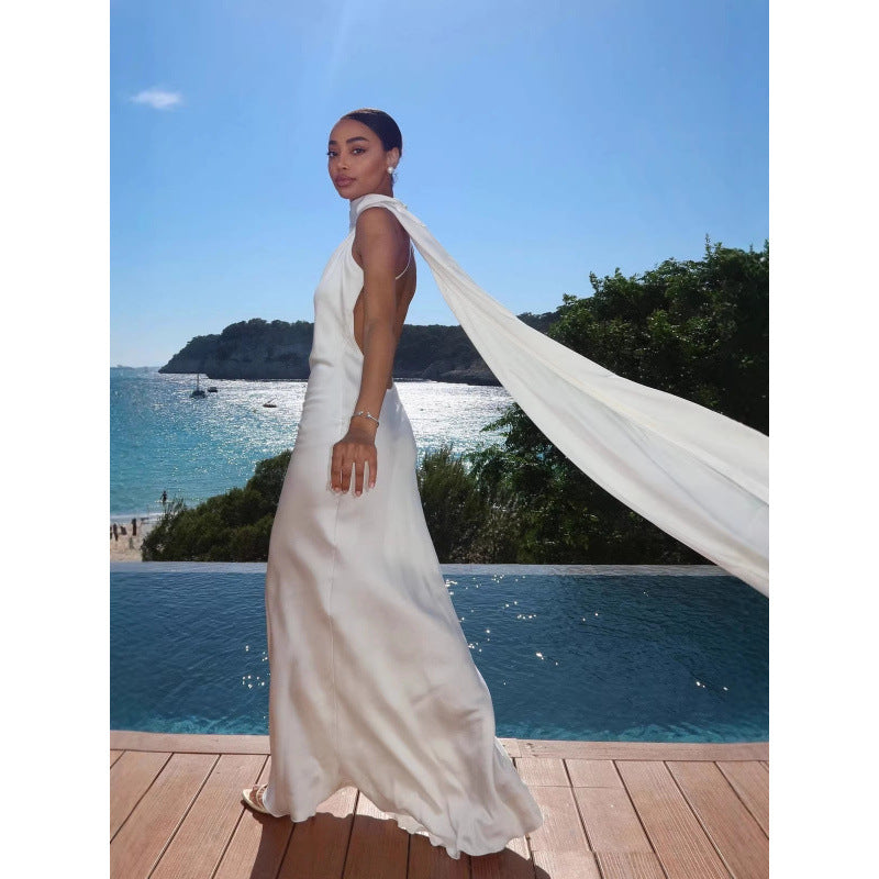 Damen elegantes Maxikleid mit asymmetrischem Oberteil und fließendem Schnitt Shopnory